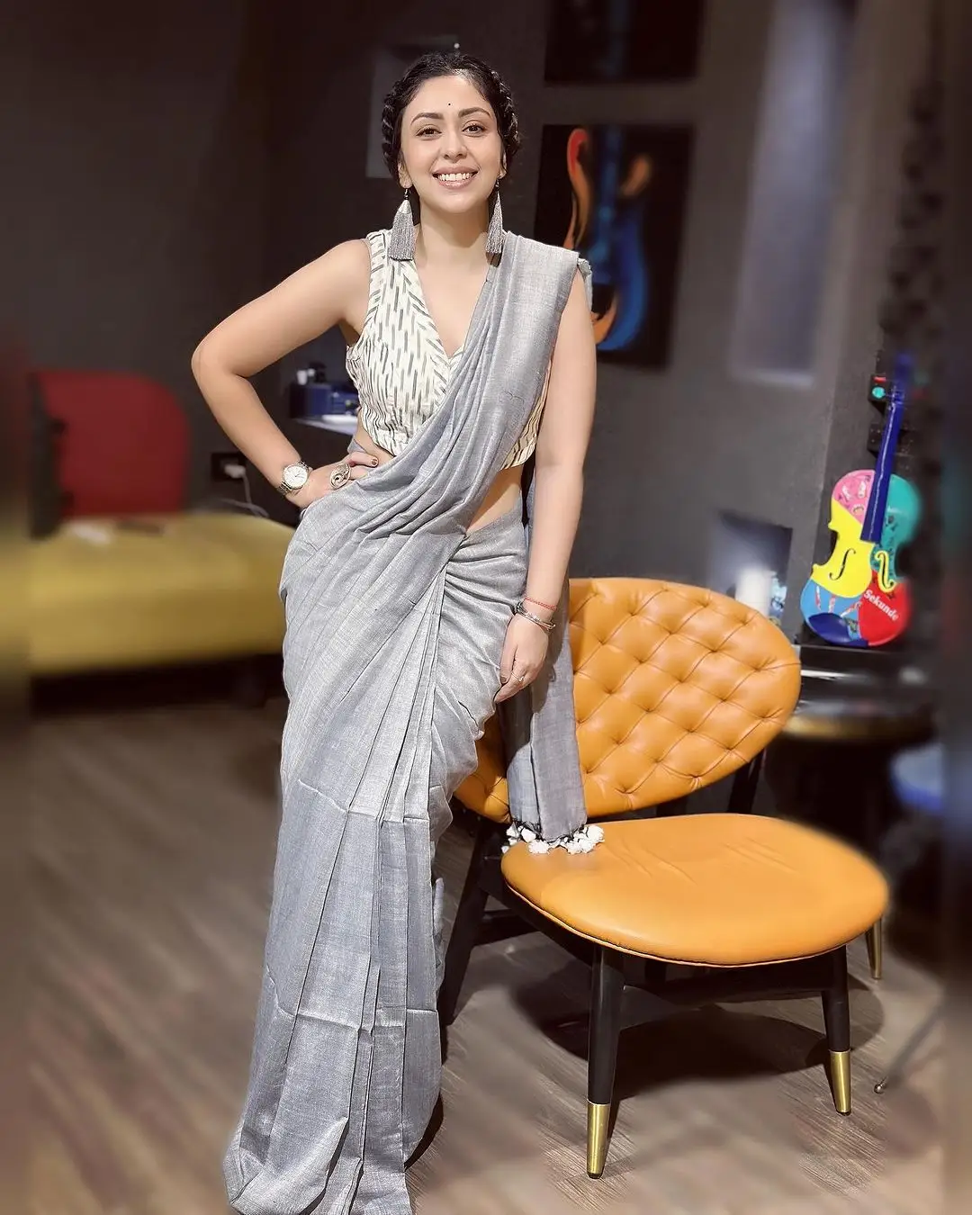 Neha Sargam In Beautiful Blue Saree Sleeveless Blouse